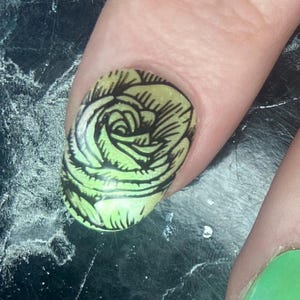 Floral yellow and green shimmer nail set, acrylic and gel nails, flowers, spring nails, roses