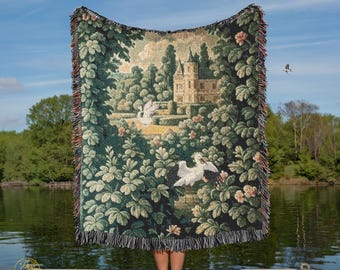 French Château Garden Tapestry Blanket, Cozy Castle Scene Throw, Whimsical Vintage Castle Blanket, Charming Landscape Blanket, Magical Throw