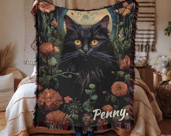 Personalized Whimsigothic Cat Throw Blanket: Dark Academia Woven Tapestry