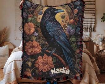 Personalized Gothic Raven Woven Blanket: Boho Floral Decor