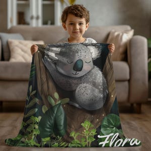 Koala Blanket – Forest Nature Kids Throw,  custom blanket sleep koala nestled in a lush forest, natur inspiration, Jungle Nursery Decor