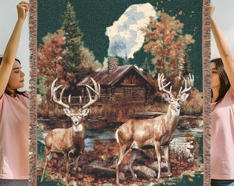 Rustic Deer Cabin Woven Blanket: Personalized Fall Decor Throw
