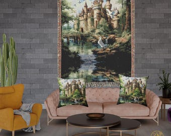 Cozy Castle Scene Blanket | Whimsical Castle-Themed Throw for Vintage Style Home Decor, Magical Living Room Accent, Unique Gift Idea