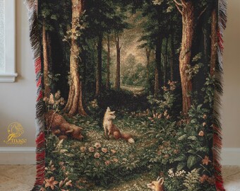 Magical Forest Tapestry: Woodland Fox Blanket, Cottagecore Decor, Jungle Escape Landscape Throw Blanket-Rustic Home Decor, Rustic Decor