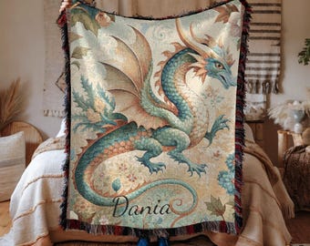 Personalized Dragon Woven Blanket: Fantasy Lover Gift, Magical Home Decor