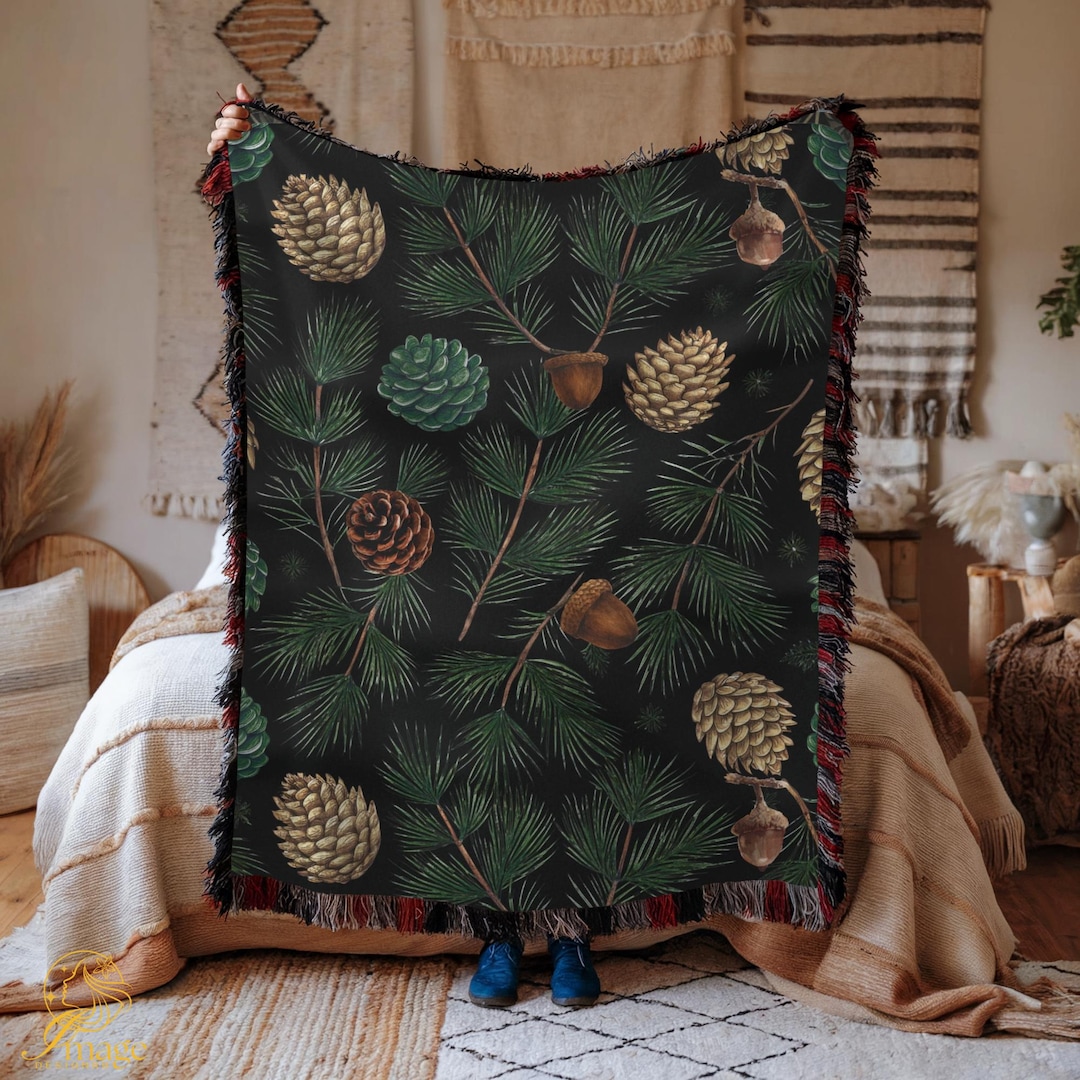 Pine Code Throw Pinecone & Evergreen Branches Blanket | Winter Pine Cone Throw, Blanket ...