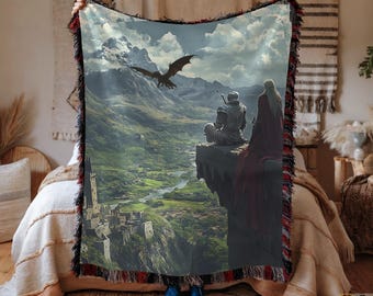 Fantasy knight and maiden landscape, Fantasy Knight and Dragon Woven Blanket, Medieval Fantasy Throw, Epic Knight Maiden Landscape Tapestry