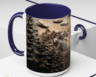 3D-houtsnijwerk beer in bergbos mok, realistische koffiemok wilde dieren, beker mannelijke bosbeer, 15oz mok marineblauw accent, cadeau voor hem vader