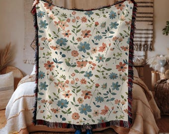 Vintage Floral Pattern Woven Blanket, Boho Flower Throw, Spring Botanical Design Cozy Tapestry, Cottagecore Home Decor Blanket
