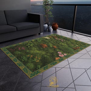 Lush Garden Moss Rug | Cottagecore Nature-Inspired Area Rug | Wildflower green rug, Botanical Floral Carpet for Living Room or Bedroom