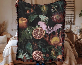 Pink Bat Tapestry Throw Blanket: Whimsical Pomegranate Woven Decor, Botanical Bat Blanket, Vintage Chic Decor, Decor for Halloween
