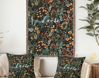 Fern Floral Throw Blanket: Personalized Botanical Woven Pillow, Dark Academia Cottagecore Tapestry, Maximalist Decor Fall Botanical Tapestry
