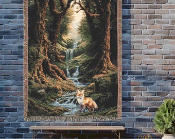 Enchanted Forest Fox Woven Blanket: 100% Cotton Jacquard Throw