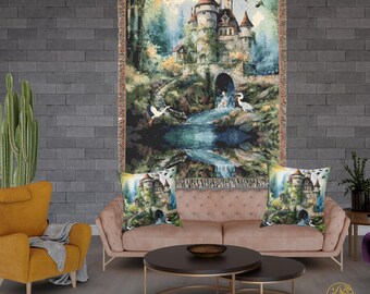 French Château Garden Tapestry Blanket, Enchanting Castle Velveteen Blanket - Cozy Castle Scene Blanket | Magical Living Room Accent