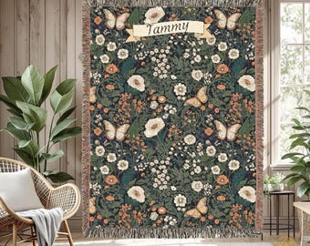 Botanical Butterfly Woven Throw Blanket: Cottagecore Floral Decor