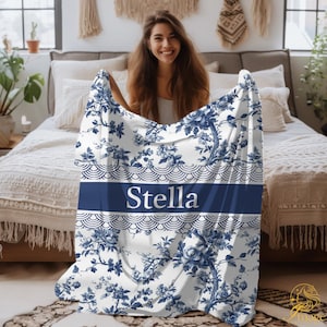 Personalized Blue Toile de Jouy Blanket: French Country Velveteen Throw