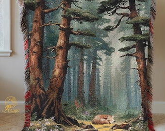 Sleeping Fox Forest Blanket, Woodland Trees Tapestry Throw, Misty Pine Forest Path Woven Blanket, Cabin Nature Home Decor