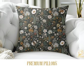 Vintage Floral Square Pillow, Dark Green Cottagecore Botanical Print, Wildflower Lumbar Cushion, Cozy Floral Throw, Boho Home Decor
