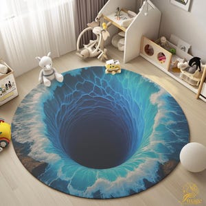 Puede incluir: Una alfombra redonda con un diseño de vórtice oceánico en 3D. La alfombra presenta tonos de azul y blanco, creando un efecto de ola realista. El centro de la alfombra aparece como un agujero oscuro y profundo. Adecuado para una habitación infantil.