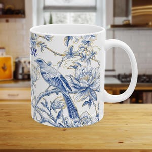 French Toile de Jouy Mug, Blue Toile Coffee mug, French Blue Mug, Charming Blue French Toile de Jouy Mug, Birds Flowers Nature, Vintage mug
