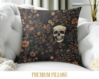 Floral Skull Pillow, Gothic Botanical Throw, Dark Floral, Square Cushion Cover, Home Decor, Woven Pillowcase