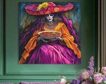 Day of the Dead Mexican Wall Art. Colorful La Catrina canvas with Flowers. Sugar Skull Woman, Traditional Folk Decor for Home. Halloween