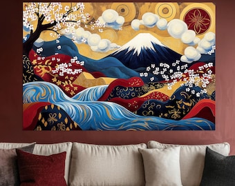 Arte mural japonés. Monte Fuji con flores de cerezo y olas. Paisaje zen dorado, rojo y azul. Impresión de decoración asiática. Obra de arte de naturaleza serena.