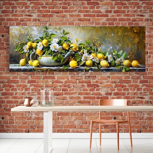 Bodegón de limones amarillos con flores blancas en un jarrón, lienzo impreso. Cuadro rústico con rama de limonero, pintura al óleo. Póster de rama de cítricos.