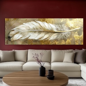 White Feather, Painting print. Close-up depiction of featherwall art. Elegant Bird feather, minimalist art,  natural motifs, vcanvas print