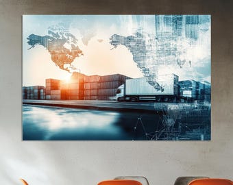 Stampa su tela con camion della logistica globale. Decorazione moderna per il trasporto industriale. Poster per il trasporto merci. Stampa artistica per l'ufficio della catena di approvvigionamento e il trasporto su camion.