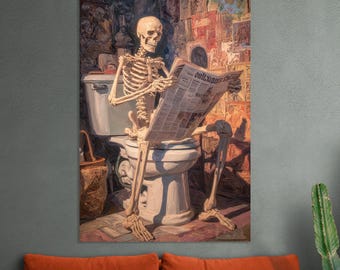 Funny Skeleton Bathroom Canvas Print. Dark Humor Wall Art for Restroom. Gothic Macabre Art with Newspaper Scene. Quirky Halloween Home Decor