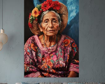Canvas Mexicaanse grootmoeder portret. Inheemse vrouw wanddecoratie. Etnische folkloristische erfgoedprint. Traditionele kleding Boho cultureel decor