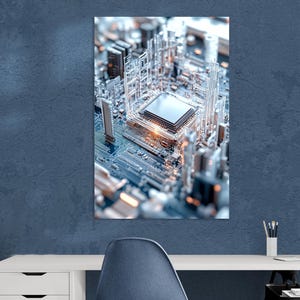 Puede incluir: Primer plano de una placa de circuito con una unidad central de procesamiento (CPU) en el centro. La CPU está rodeada por una red de cables y otros componentes. La imagen tiene un aspecto futurista y abstracto.