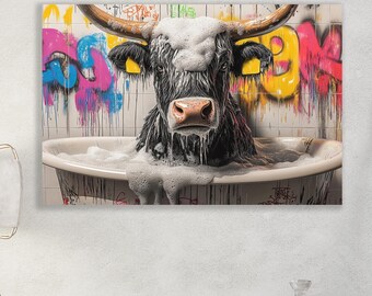 Funny Cow in Bathtub Wall Art. Black Bull with Foam, Long Horns, canvas print. Quirky Animal Bathroom Decor, Colorful Graffiti, Humorous