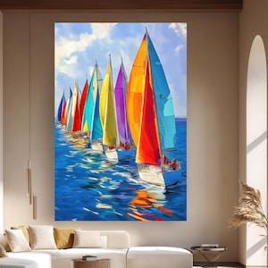 May include: A vibrant painting of sailboats with colorful sails. The boats are sailing on a bright blue sea under a partly cloudy sky. The sails are various colors, including red, orange, yellow, green, blue, and purple.