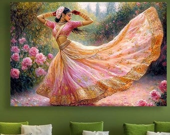 May include: A painting of a woman in a pink and gold dress dancing in a garden with pink flowers.