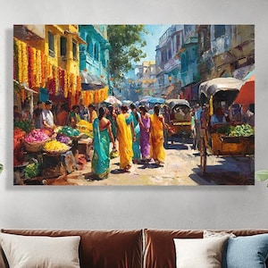 Colorful Indian Street Market Canvas Art. Women in Sarees, Floral Bazaar, Vibrant India Wall Decor. Ethnic Market Painting for Home & Office