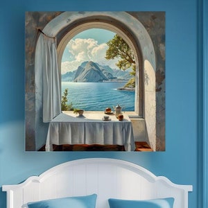May include: A painting depicting a window with a view of a blue ocean and mountains. The window is arched and has a white curtain. A table with a white tablecloth is set with teacups and a teapot. The painting is in a blue room with a white bed and a plant.