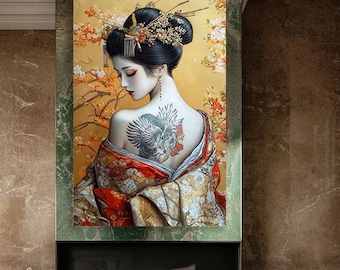 May include: A large canvas print featuring a woman in a traditional Japanese kimono with a floral pattern. The woman has a tattoo on her back and is looking to the side. The background is a gold and green color.