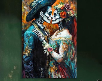 Décoration murale sur toile Le Jour des morts, les amoureux. Tableau Couple Squelette Mexicain. Oeuvre d'art romantique Dia de los Muertos. Décoration d'intérieur de mariage gothique latina