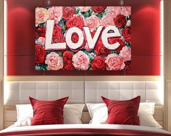 Love on background of red, pink roses, canvas print. Romanic flowers, wall art. Floral Love for Valentine's Day,painting. Festive Wall Decor