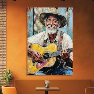 Smiling Old Latin Americanman plays acoustic guitar canvas print. Vintage portrait of elderly Hispanic man with musical instrument wall art