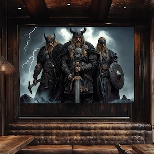 Wikinger Krieger Leinwand Kunst. Nordische Mythologie. Nordische Kampfszene Gemälde Druck. Poster Mittelalterlicher Krieger. Kunst für das Herrenzimmer
