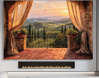 Tuscan Sunset Balcony Canvas Print. Rustic Countryside Landscape with Cypress Trees, Golden Fields wall art. Italy Inspired Home Décor Print