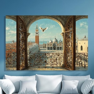 Venice Window View Canvas Print. Italian Cityscape Print Balcony, Dove Wall Art. Large Vintage Architecture Painting for Living Room Decor