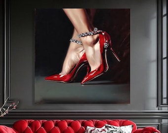 Red High Heels Wall Art. Glamorous Stiletto Shoes Painting with Sparkling Crystals. Fashion Artwork for Bedroom, Closet, Office & Gift