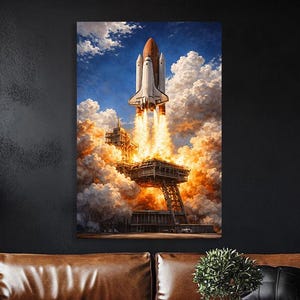 Impression sur toile de lancement de la navette spatiale. Décoration murale fusée. Oeuvre d'art aérospatiale. Décoration d'intérieur moderne astronomie.  Décoration Nasa. Affiche aérospatiale.