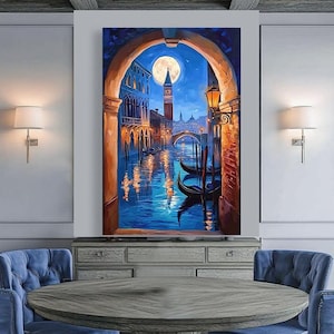 Niht Venice Views, canvas print. Italian city of love romance, Wall Art. Gondolas on Venice Canals. Evening lights of Venetian streets