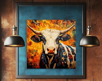 Cute blue Cow in Floral Canvas Print. Colorful funny Long Horned Bull Wall Art. Western Animal, Farmhouse Decor for kithen. Alpine cattle