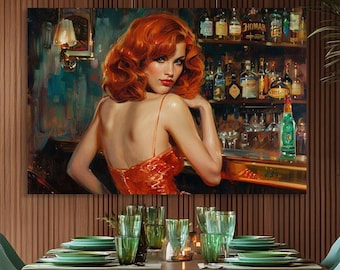 Roodharige vrouw in rode jurk in canvas print Ierse bar. Vintage glamour pin-up kunst aan de muur. Pin-up verleidelijk damesportret. Gedurfd bardecor.
